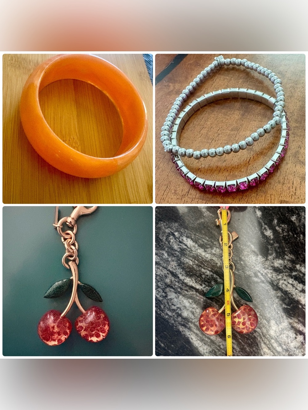 Vintage Marbled Amber Bangle Bracelet, 2 beaded bracelets, 1 cherry keychain.